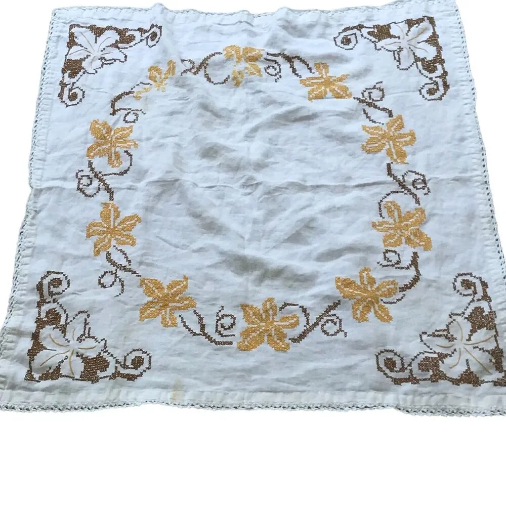 Vtg. Linen Table/Dresser Scarf Embroidered Cross Stitched Flowers White Yellow